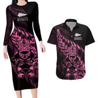 New Zealand Lawn Bowls Custom Couples Matching Long Sleeve Bodycon Dress and Hawaiian Shirt Pink Maori Warrior Tribal Silver Fern - Polynesian Pride