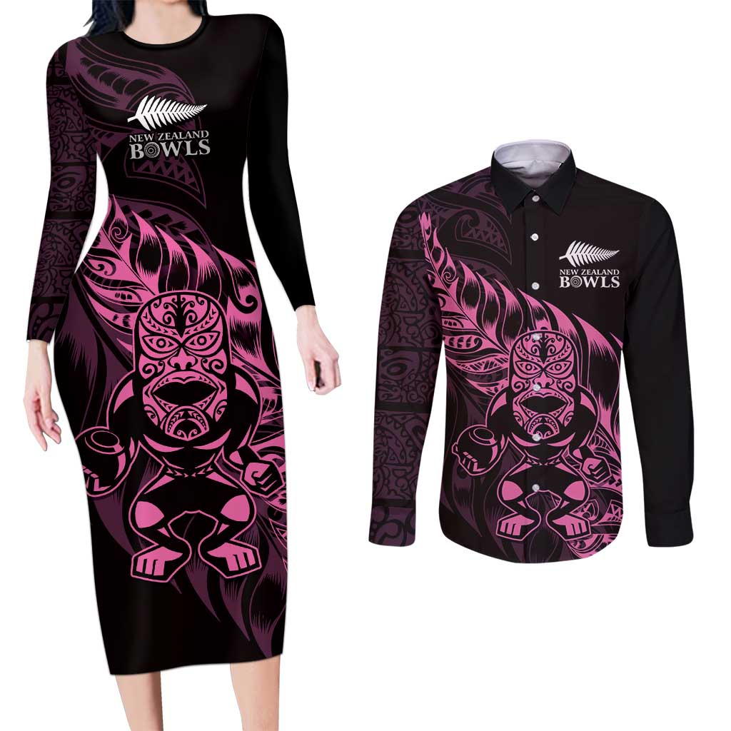 New Zealand Lawn Bowls Custom Couples Matching Long Sleeve Bodycon Dress and Long Sleeve Button Shirt Pink Maori Warrior Tribal Silver Fern - Polynesian Pride