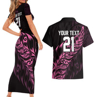 New Zealand Lawn Bowls Custom Couples Matching Short Sleeve Bodycon Dress and Hawaiian Shirt Pink Maori Warrior Tribal Silver Fern - Polynesian Pride