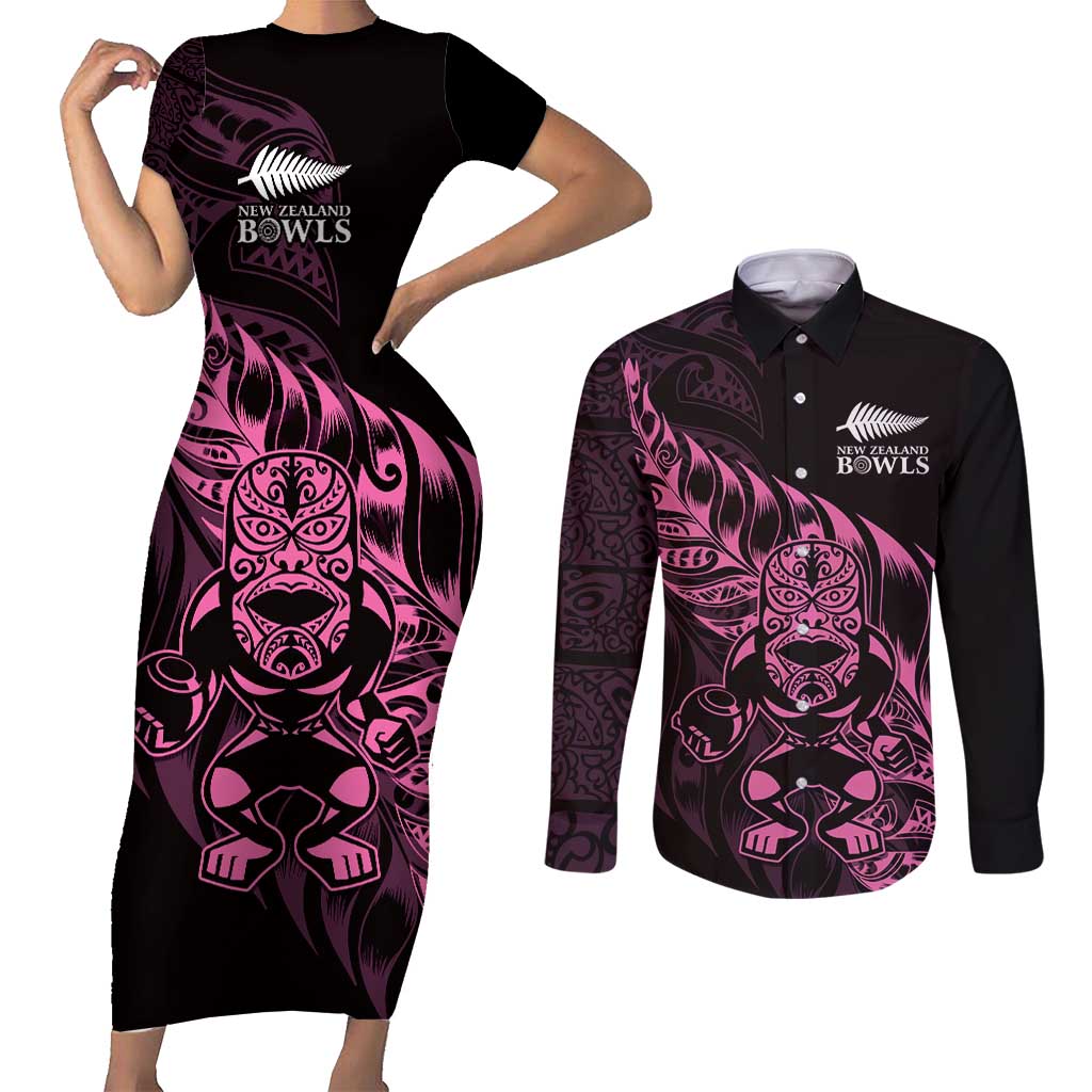 New Zealand Lawn Bowls Custom Couples Matching Short Sleeve Bodycon Dress and Long Sleeve Button Shirt Pink Maori Warrior Tribal Silver Fern - Polynesian Pride