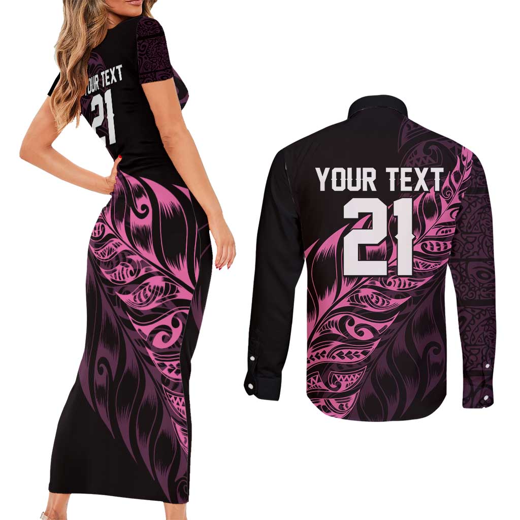 New Zealand Lawn Bowls Custom Couples Matching Short Sleeve Bodycon Dress and Long Sleeve Button Shirt Pink Maori Warrior Tribal Silver Fern - Polynesian Pride