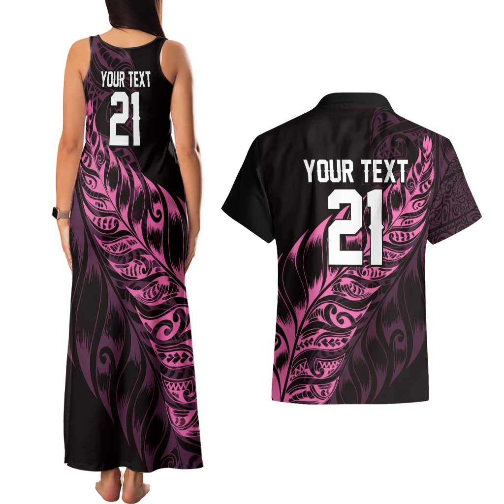 New Zealand Lawn Bowls Custom Couples Matching Tank Maxi Dress and Hawaiian Shirt Pink Maori Warrior Tribal Silver Fern - Polynesian Pride