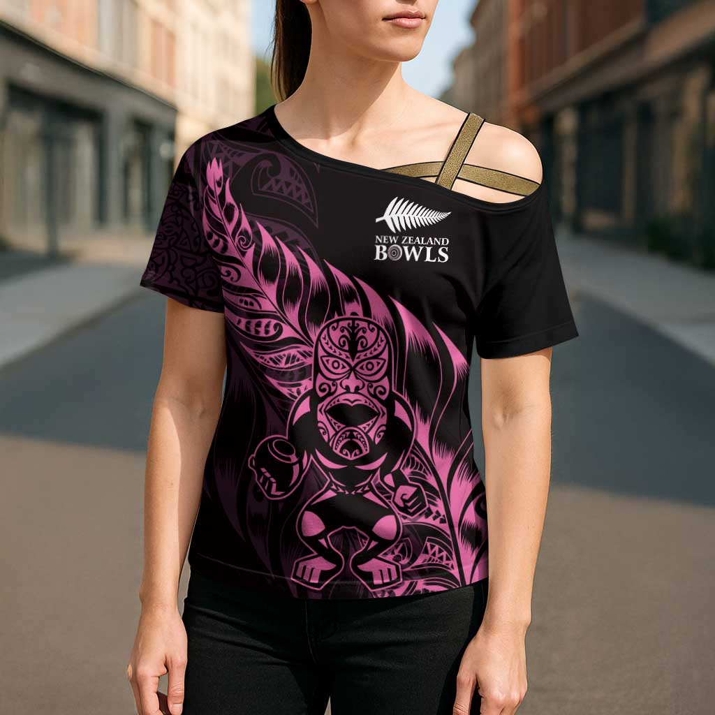 New Zealand Lawn Bowls Custom Cross Shoulder Shirt Pink Maori Warrior Tribal Silver Fern - Polynesian Pride
