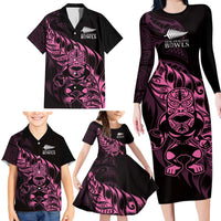 New Zealand Lawn Bowls Custom Family Matching Long Sleeve Bodycon Dress and Hawaiian Shirt Pink Maori Warrior Tribal Silver Fern - Polynesian Pride