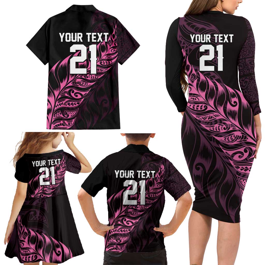 New Zealand Lawn Bowls Custom Family Matching Long Sleeve Bodycon Dress and Hawaiian Shirt Pink Maori Warrior Tribal Silver Fern - Polynesian Pride