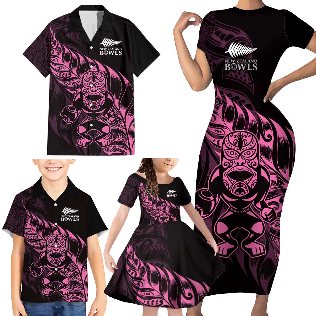 New Zealand Lawn Bowls Custom Family Matching Short Sleeve Bodycon Dress and Hawaiian Shirt Pink Maori Warrior Tribal Silver Fern - Polynesian Pride