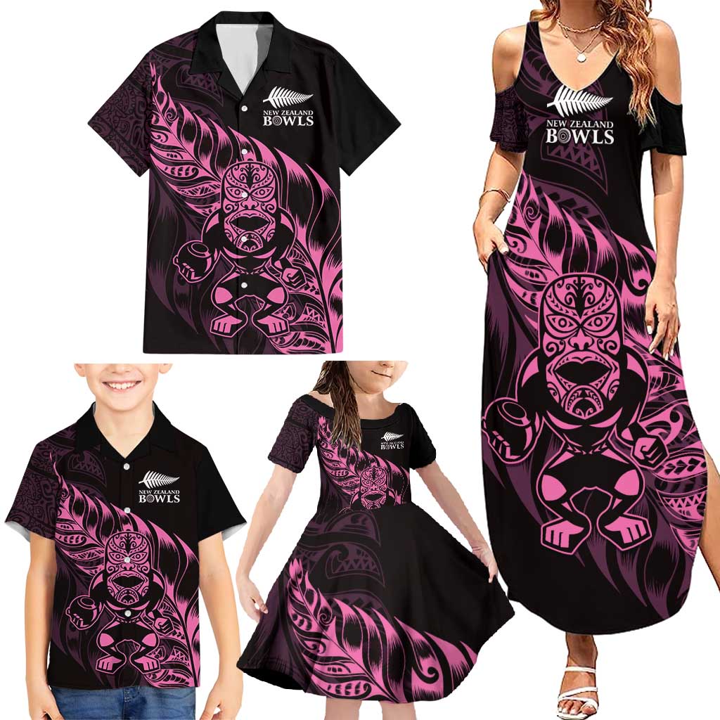 New Zealand Lawn Bowls Custom Family Matching Summer Maxi Dress and Hawaiian Shirt Pink Maori Warrior Tribal Silver Fern - Polynesian Pride