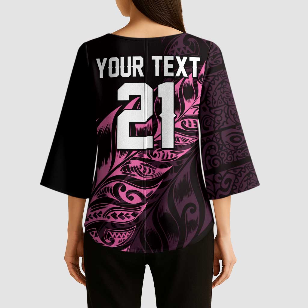 New Zealand Lawn Bowls Custom Kimono Sleeve Blouse Pink Maori Warrior Tribal Silver Fern - Polynesian Pride