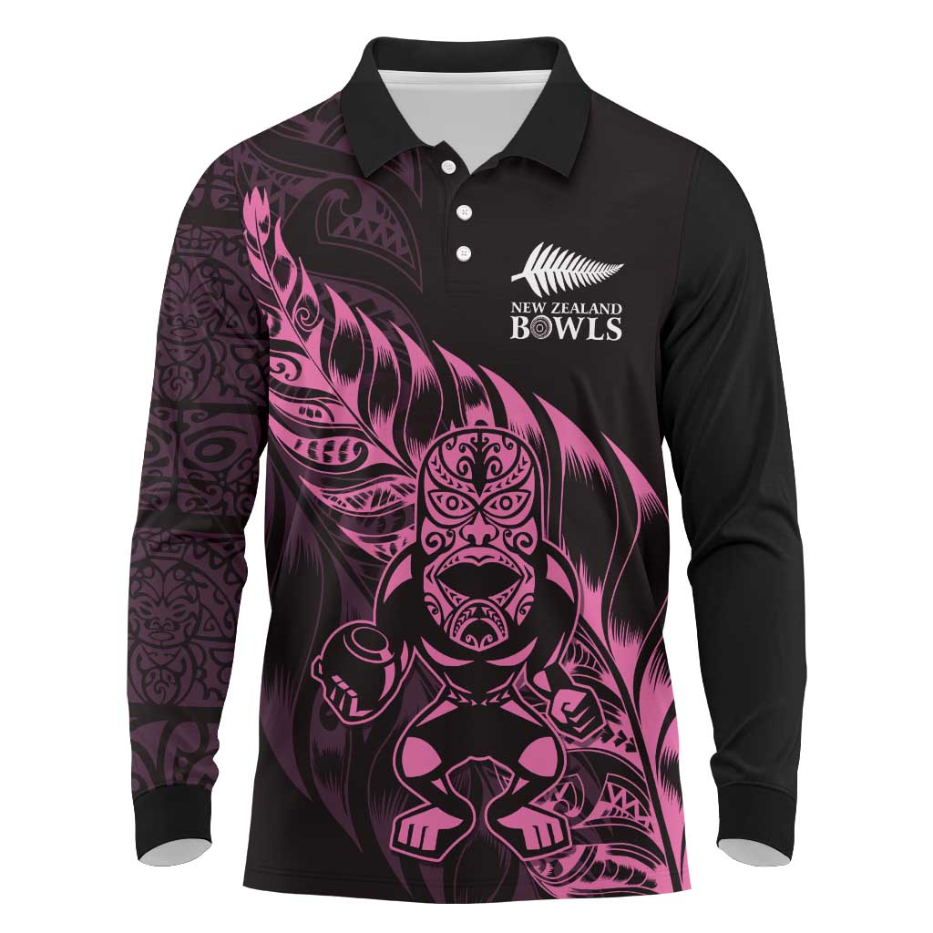 New Zealand Lawn Bowls Custom Long Sleeve Polo Shirt Pink Maori Warrior Tribal Silver Fern - Polynesian Pride