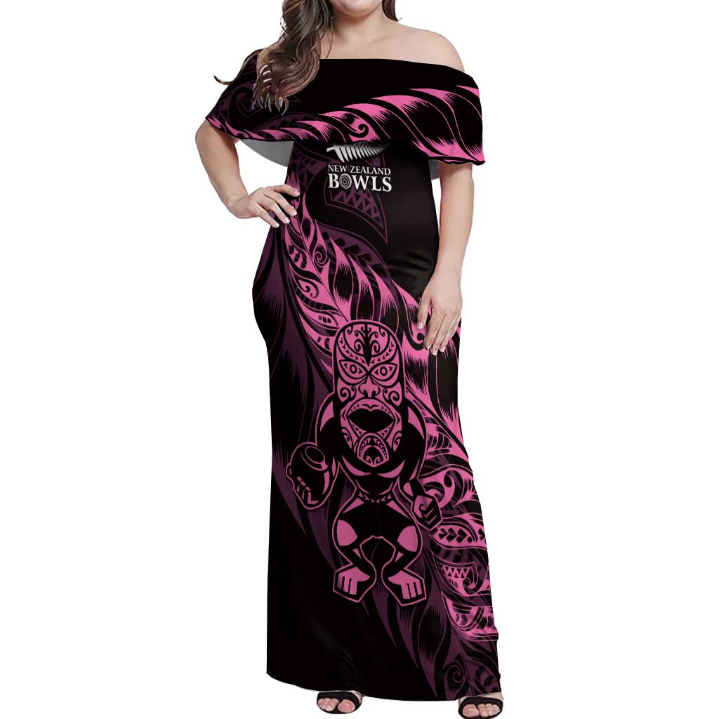 New Zealand Lawn Bowls Custom Off Shoulder Maxi Dress Pink Maori Warrior Tribal Silver Fern - Polynesian Pride
