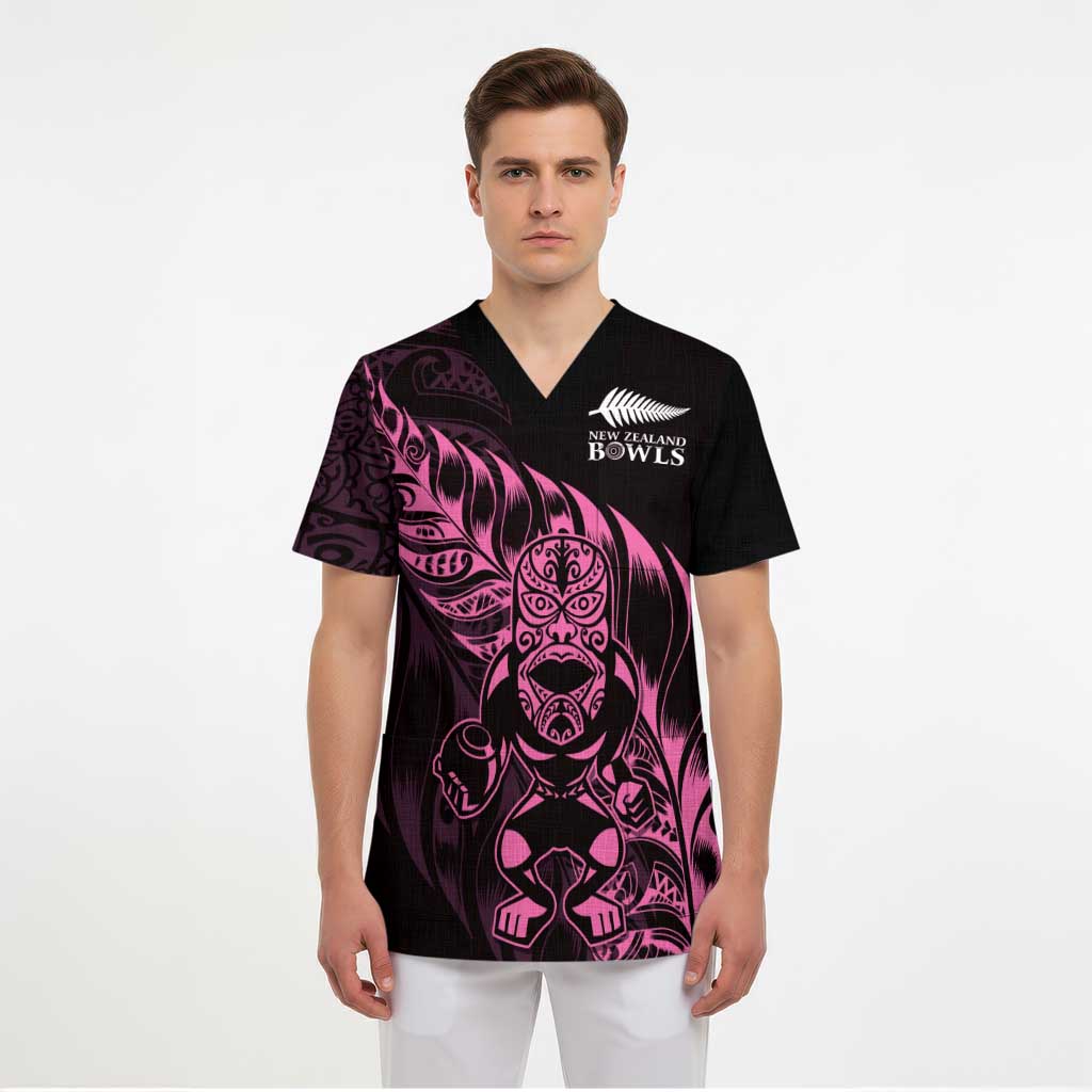 New Zealand Lawn Bowls Custom Scrub Top Pink Maori Warrior Tribal Silver Fern - Polynesian Pride