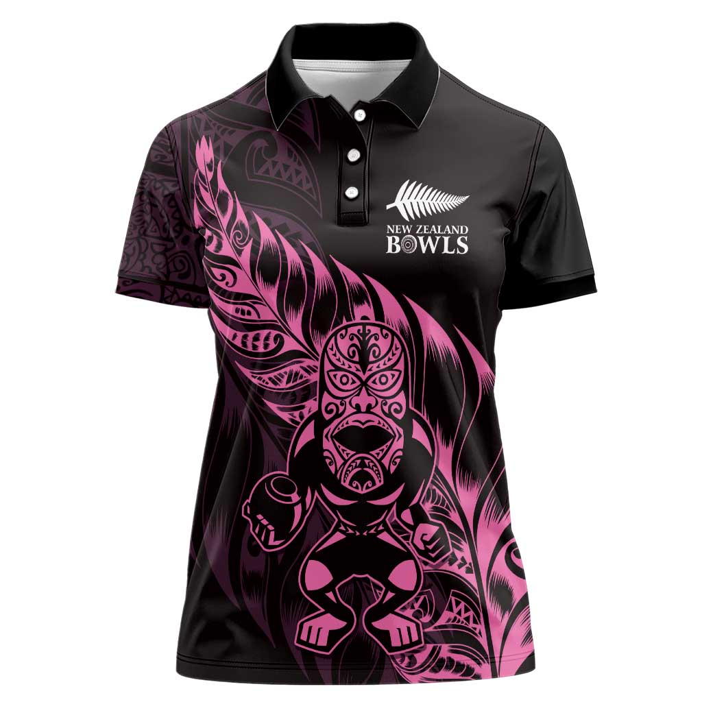New Zealand Lawn Bowls Custom Women Polo Shirt Pink Maori Warrior Tribal Silver Fern - Polynesian Pride
