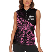 New Zealand Lawn Bowls Custom Women Sleeveless Polo Shirt Pink Maori Warrior Tribal Silver Fern - Polynesian Pride