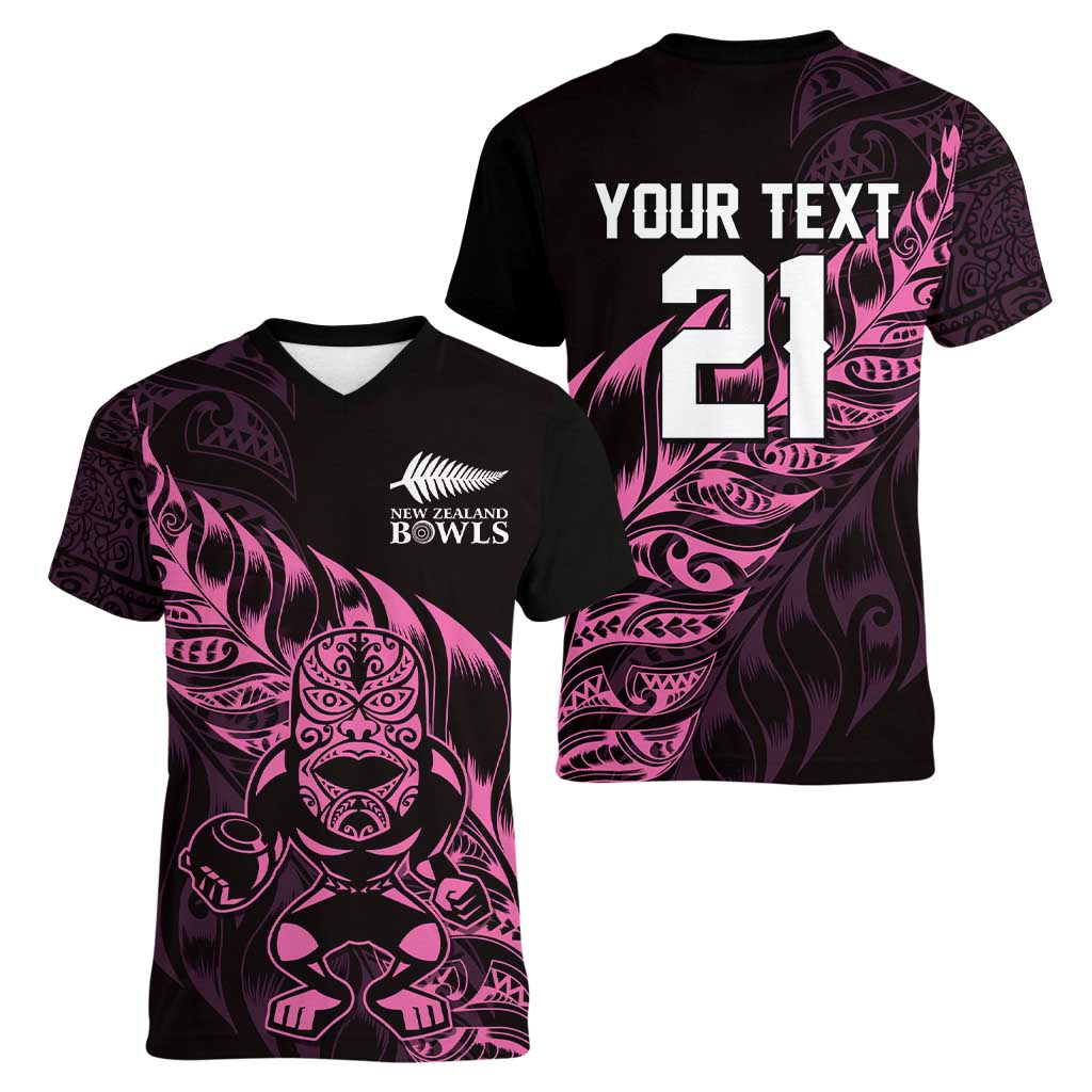 New Zealand Lawn Bowls Custom Women V-Neck T-Shirt Pink Maori Warrior Tribal Silver Fern - Polynesian Pride