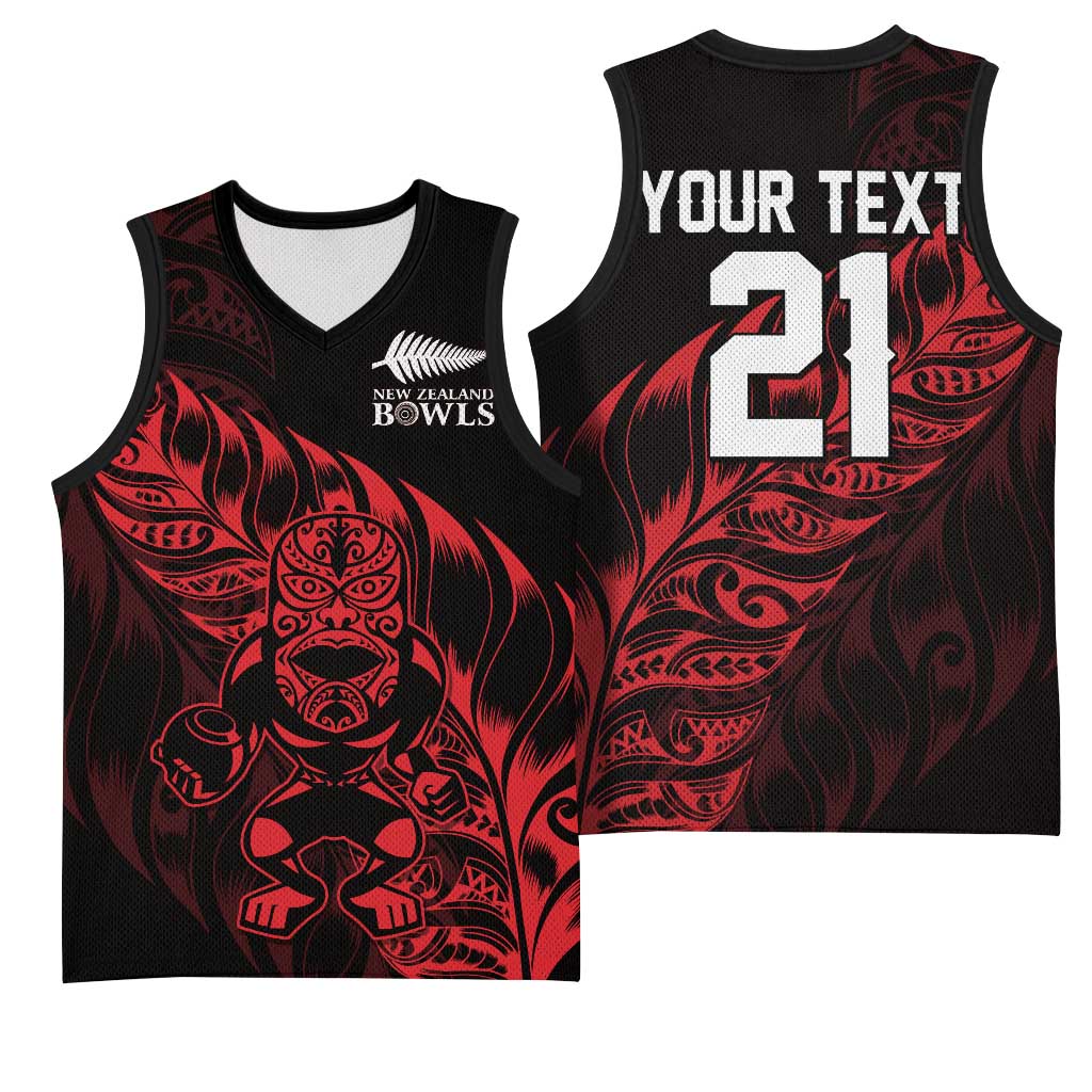 New Zealand Lawn Bowls Custom Basketball Jersey Red Maori Warrior Tribal Silver Fern - Polynesian Pride