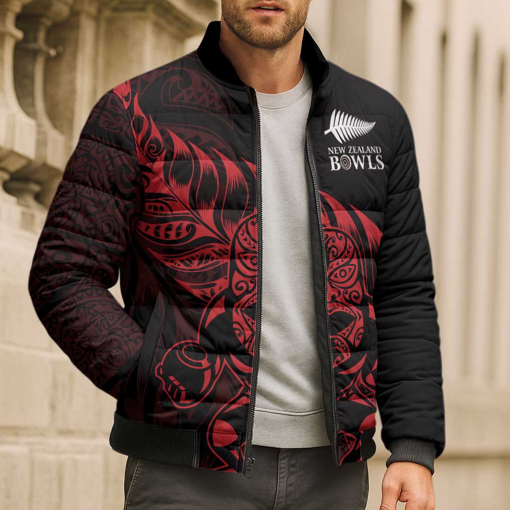 New Zealand Lawn Bowls Custom Bomber Puffer Jacket Red Maori Warrior Tribal Silver Fern - Polynesian Pride