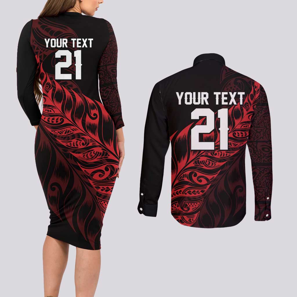 New Zealand Lawn Bowls Custom Couples Matching Long Sleeve Bodycon Dress and Long Sleeve Button Shirt Red Maori Warrior Tribal Silver Fern - Polynesian Pride