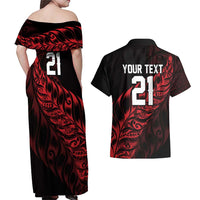 New Zealand Lawn Bowls Custom Couples Matching Off Shoulder Maxi Dress and Hawaiian Shirt Red Maori Warrior Tribal Silver Fern - Polynesian Pride