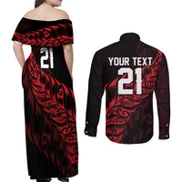 New Zealand Lawn Bowls Custom Couples Matching Off Shoulder Maxi Dress and Long Sleeve Button Shirt Red Maori Warrior Tribal Silver Fern - Polynesian Pride