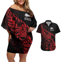 New Zealand Lawn Bowls Custom Couples Matching Off Shoulder Short Dress and Hawaiian Shirt Red Maori Warrior Tribal Silver Fern - Polynesian Pride