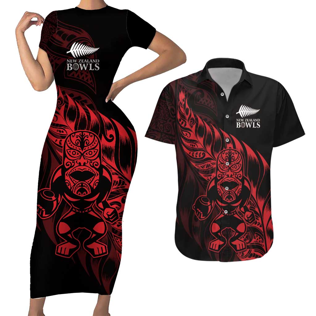 New Zealand Lawn Bowls Custom Couples Matching Short Sleeve Bodycon Dress and Hawaiian Shirt Red Maori Warrior Tribal Silver Fern - Polynesian Pride