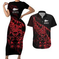 New Zealand Lawn Bowls Custom Couples Matching Short Sleeve Bodycon Dress and Hawaiian Shirt Red Maori Warrior Tribal Silver Fern - Polynesian Pride