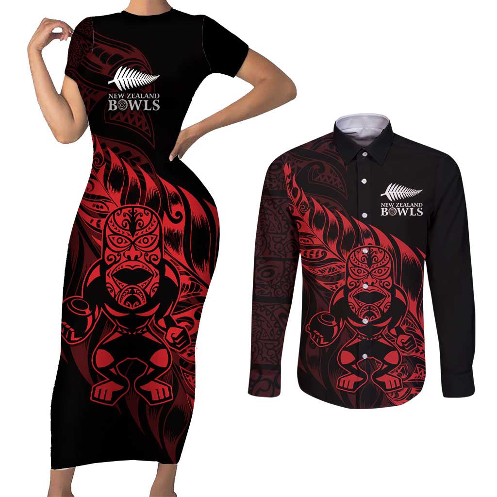 New Zealand Lawn Bowls Custom Couples Matching Short Sleeve Bodycon Dress and Long Sleeve Button Shirt Red Maori Warrior Tribal Silver Fern - Polynesian Pride