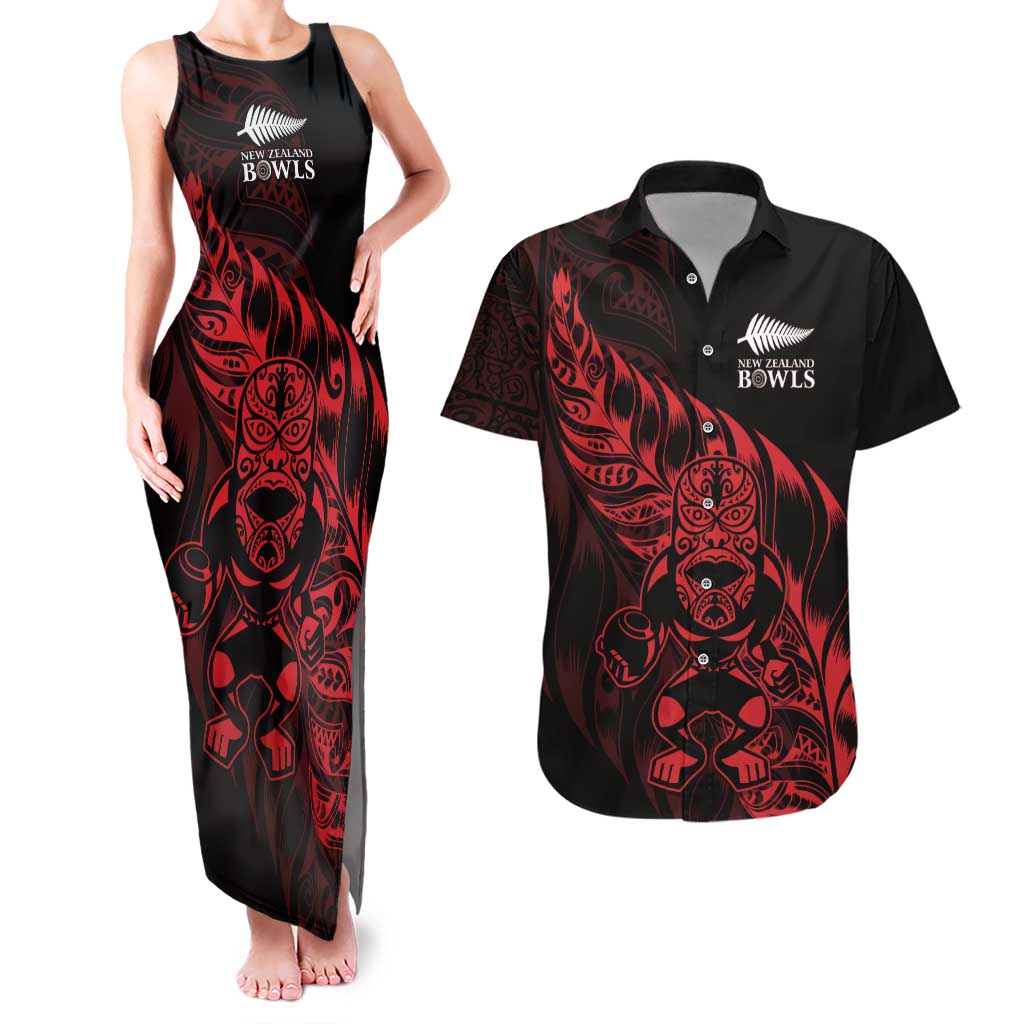 New Zealand Lawn Bowls Custom Couples Matching Tank Maxi Dress and Hawaiian Shirt Red Maori Warrior Tribal Silver Fern - Polynesian Pride