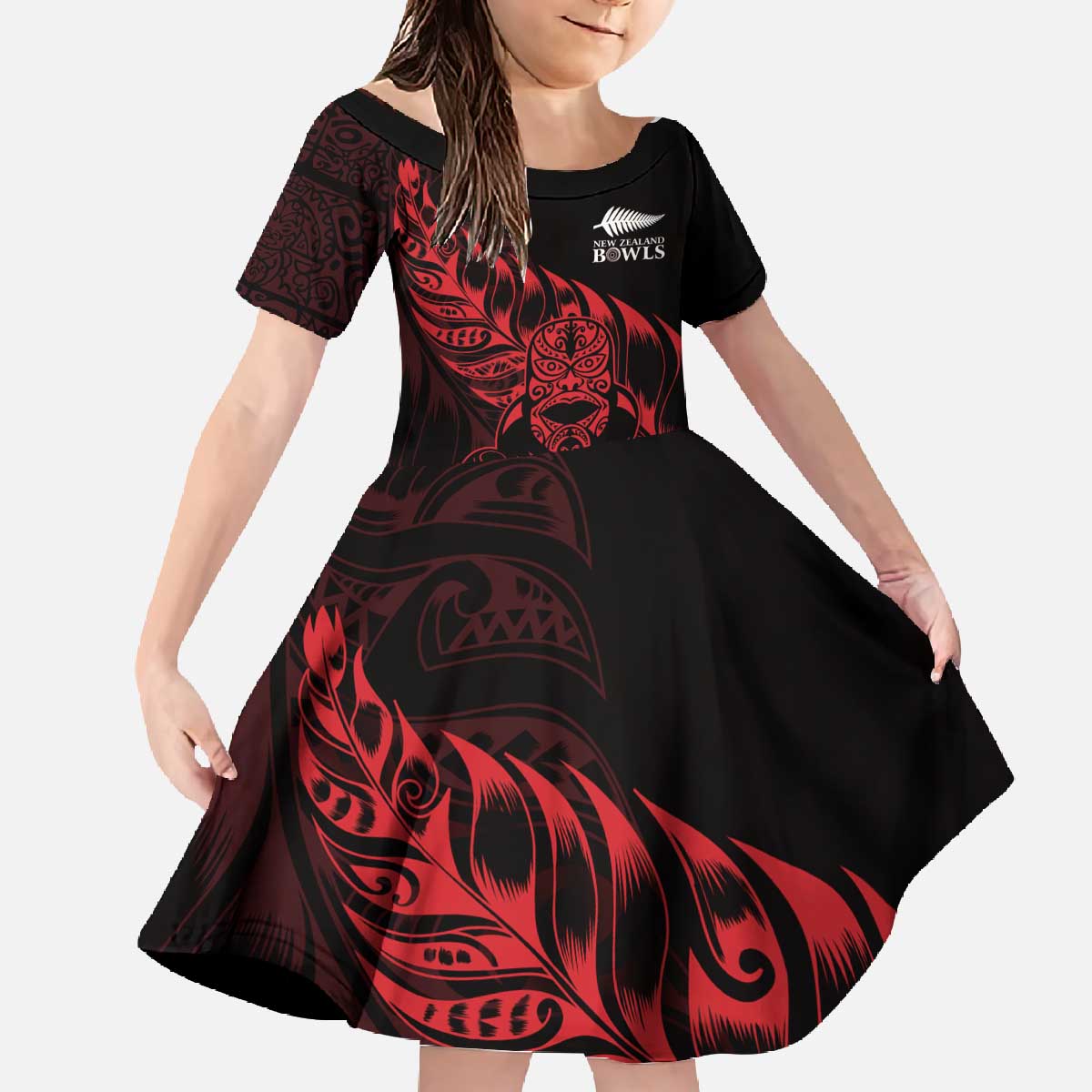New Zealand Lawn Bowls Custom Family Matching Off The Shoulder Long Sleeve Dress and Hawaiian Shirt Red Maori Warrior Tribal Silver Fern - Polynesian Pride
