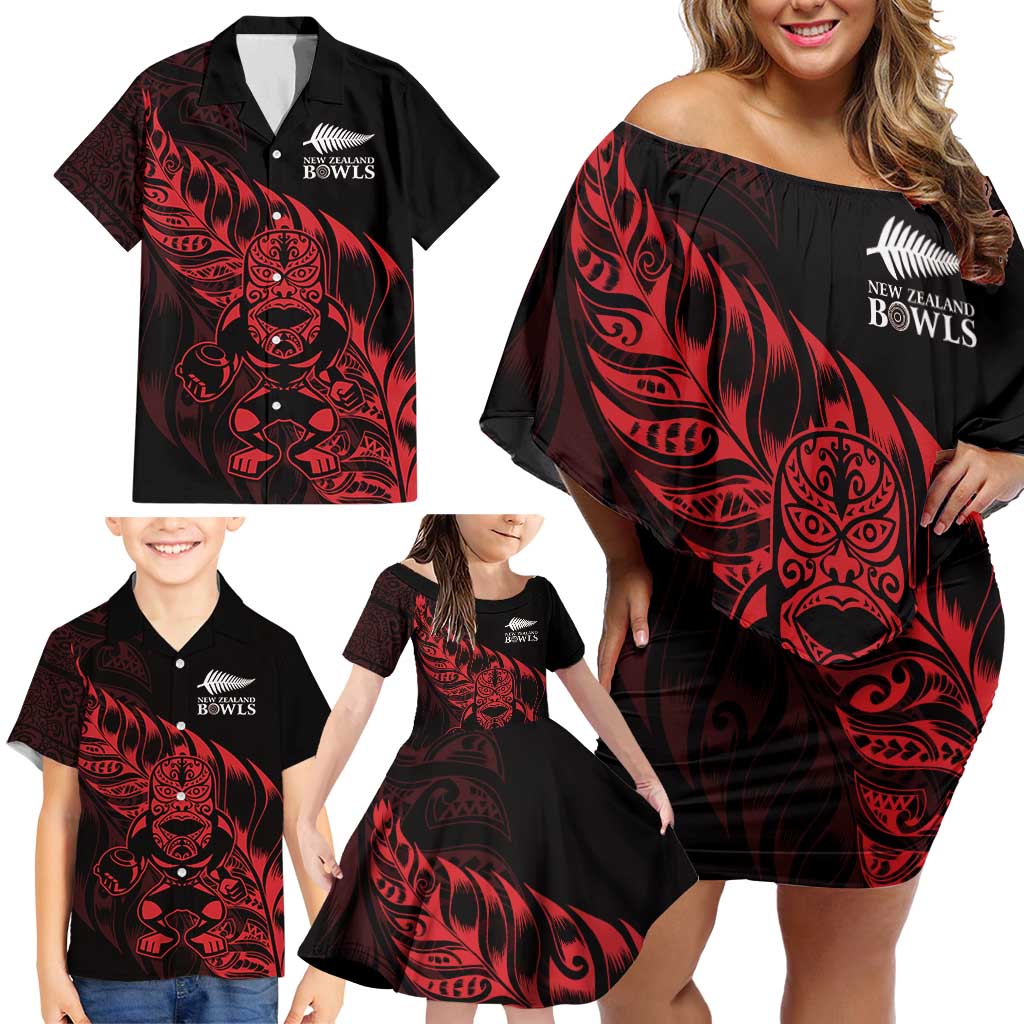New Zealand Lawn Bowls Custom Family Matching Off Shoulder Short Dress and Hawaiian Shirt Red Maori Warrior Tribal Silver Fern - Polynesian Pride