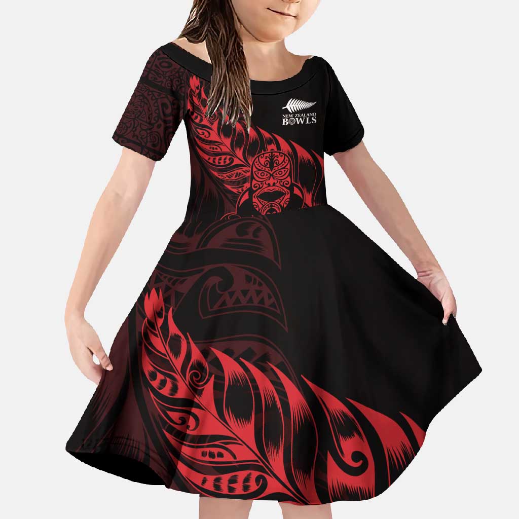New Zealand Lawn Bowls Custom Family Matching Short Sleeve Bodycon Dress and Hawaiian Shirt Red Maori Warrior Tribal Silver Fern - Polynesian Pride