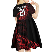 New Zealand Lawn Bowls Custom Kid Short Sleeve Dress Red Maori Warrior Tribal Silver Fern - Polynesian Pride