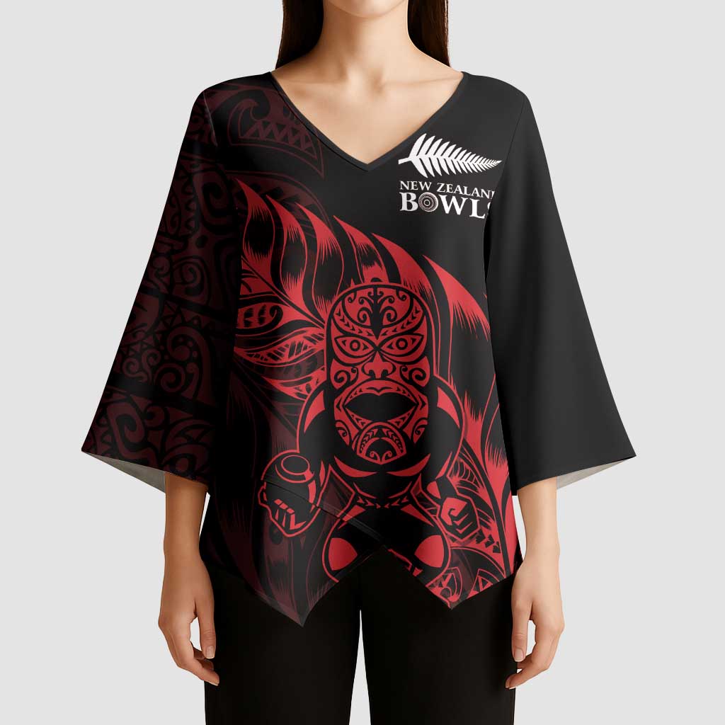 New Zealand Lawn Bowls Custom Kimono Sleeve Blouse Red Maori Warrior Tribal Silver Fern - Polynesian Pride