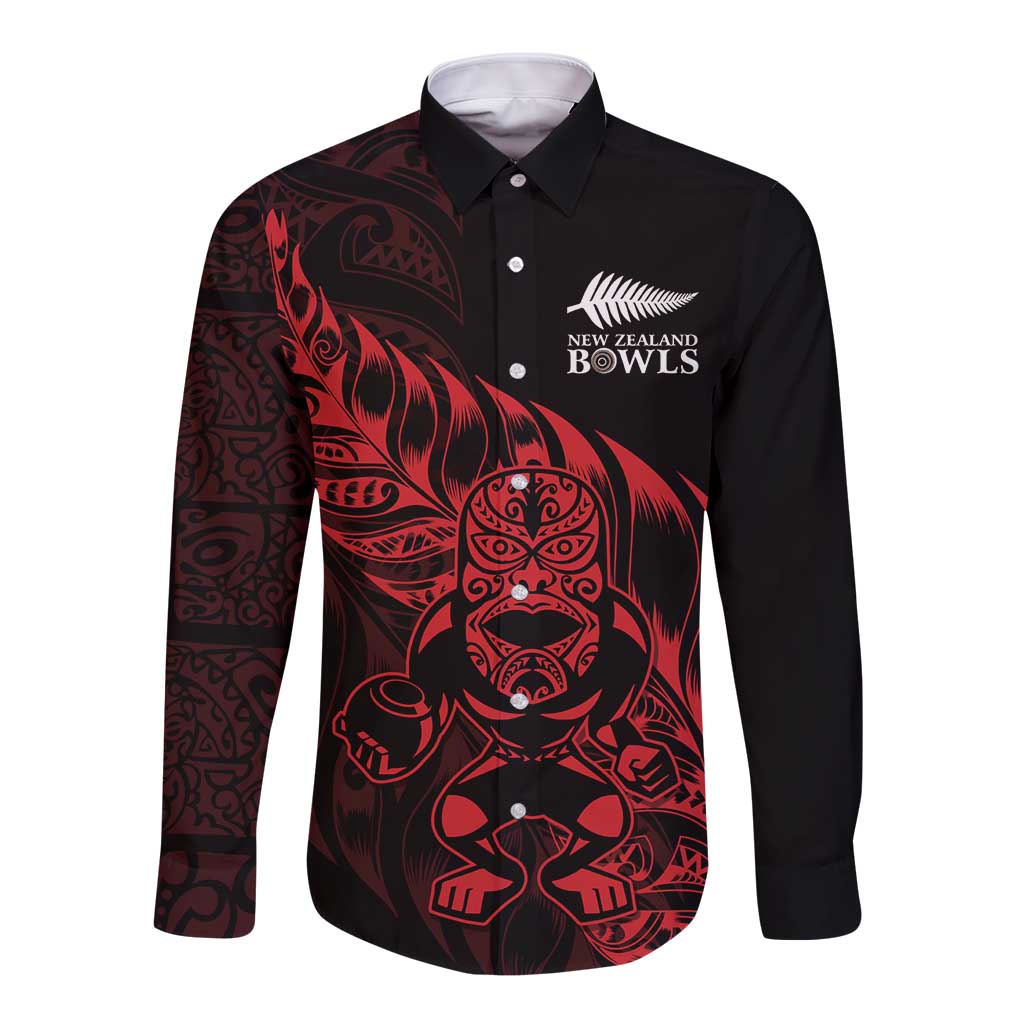 New Zealand Lawn Bowls Custom Long Sleeve Button Shirt Red Maori Warrior Tribal Silver Fern - Polynesian Pride