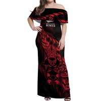 New Zealand Lawn Bowls Custom Off Shoulder Maxi Dress Red Maori Warrior Tribal Silver Fern - Polynesian Pride