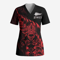 New Zealand Lawn Bowls Custom Scrub Top Red Maori Warrior Tribal Silver Fern - Polynesian Pride
