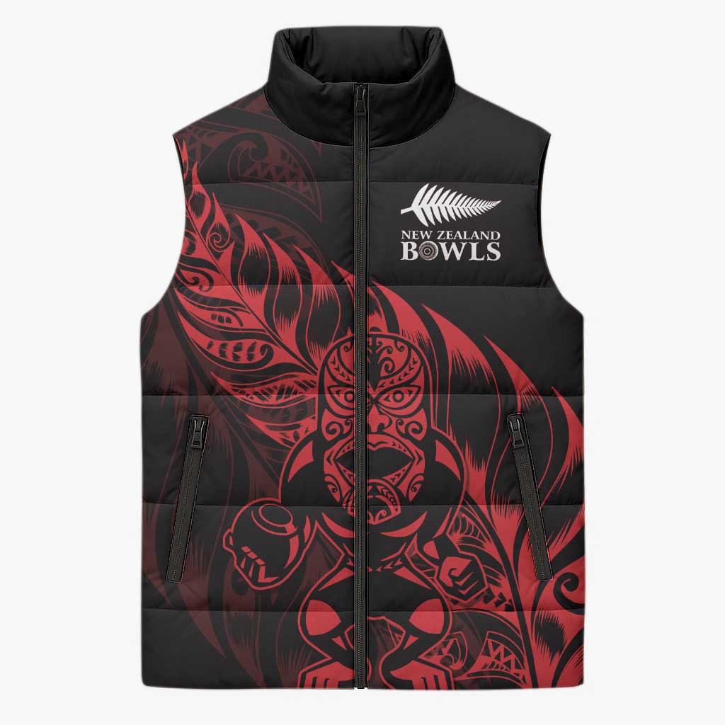 New Zealand Lawn Bowls Custom Sleeveless Puffer Jacket Red Maori Warrior Tribal Silver Fern - Polynesian Pride