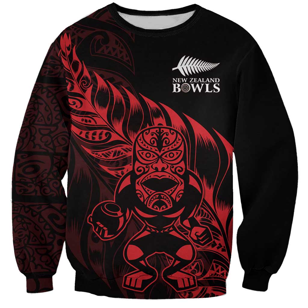 New Zealand Lawn Bowls Custom Sweatshirt Red Maori Warrior Tribal Silver Fern - Polynesian Pride