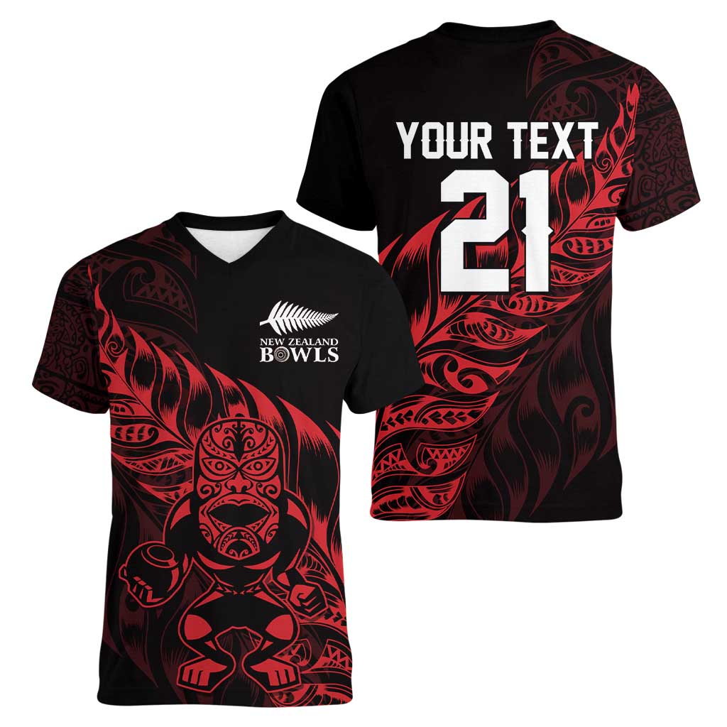 New Zealand Lawn Bowls Custom Women V-Neck T-Shirt Red Maori Warrior Tribal Silver Fern - Polynesian Pride