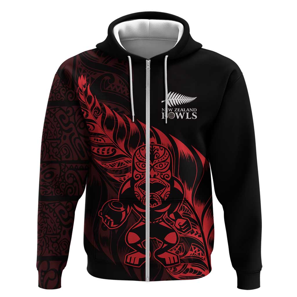 New Zealand Lawn Bowls Custom Zip Hoodie Red Maori Warrior Tribal Silver Fern - Polynesian Pride