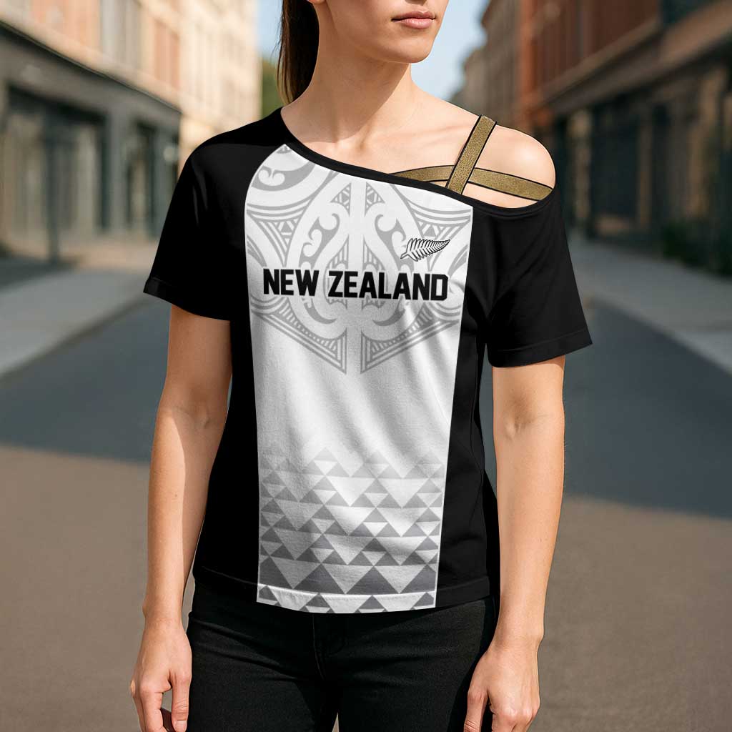 World Football 2026 New Zealand Custom Cross Shoulder Shirt All White Fern Maori Tribal - Polynesian Pride