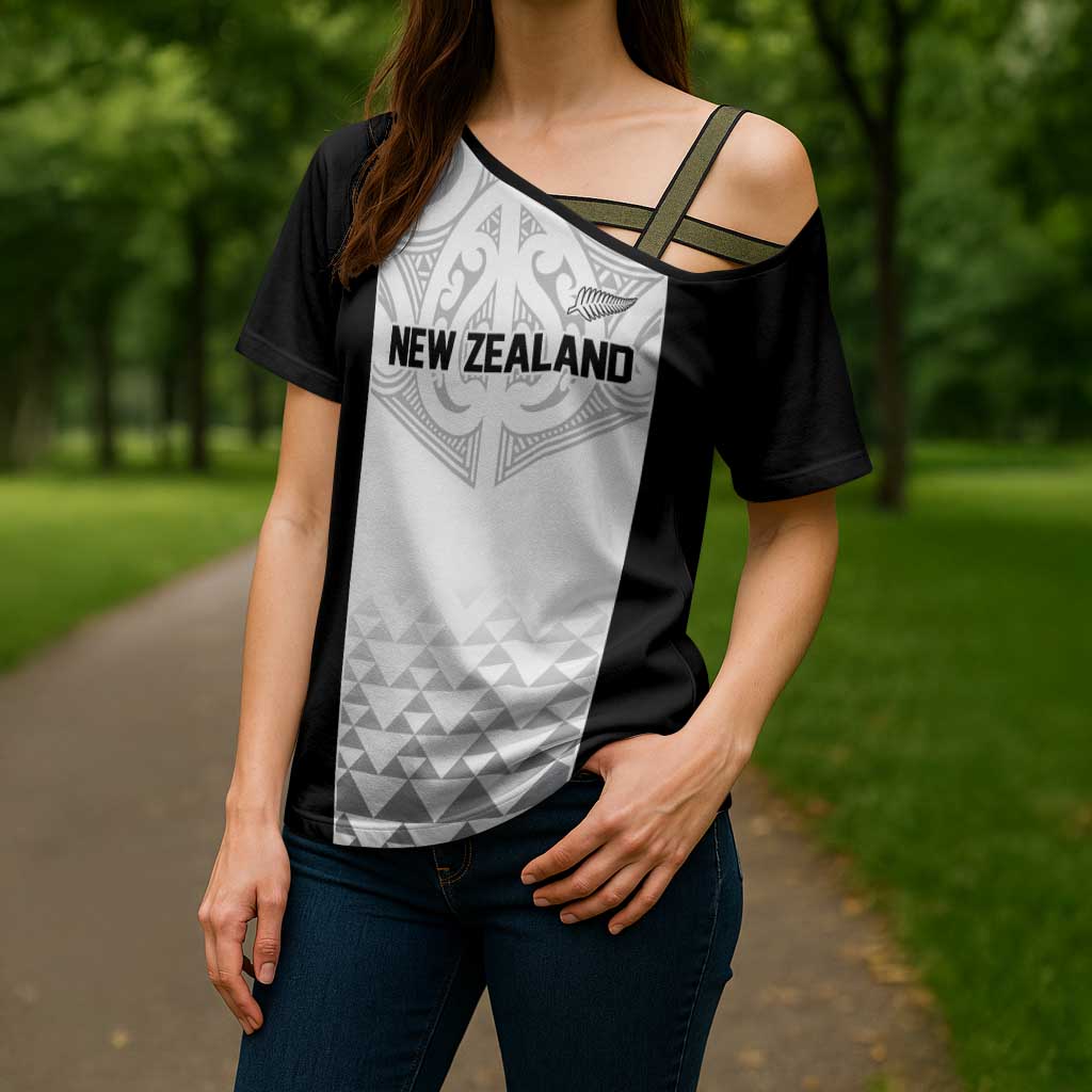 World Football 2026 New Zealand Custom Cross Shoulder Shirt All White Fern Maori Tribal - Polynesian Pride