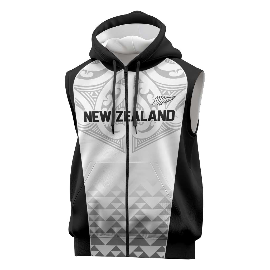 World Football 2026 New Zealand Custom Sleeveless Zip Hoodie All White Fern Maori Tribal - Polynesian Pride