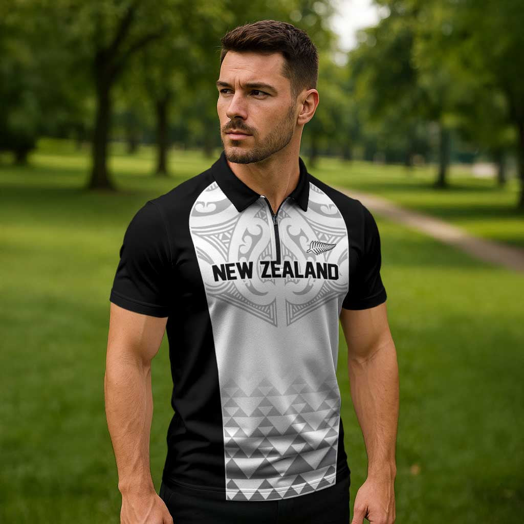 World Football 2026 New Zealand Custom Zipper Polo Shirt All White Fern Maori Tribal - Polynesian Pride