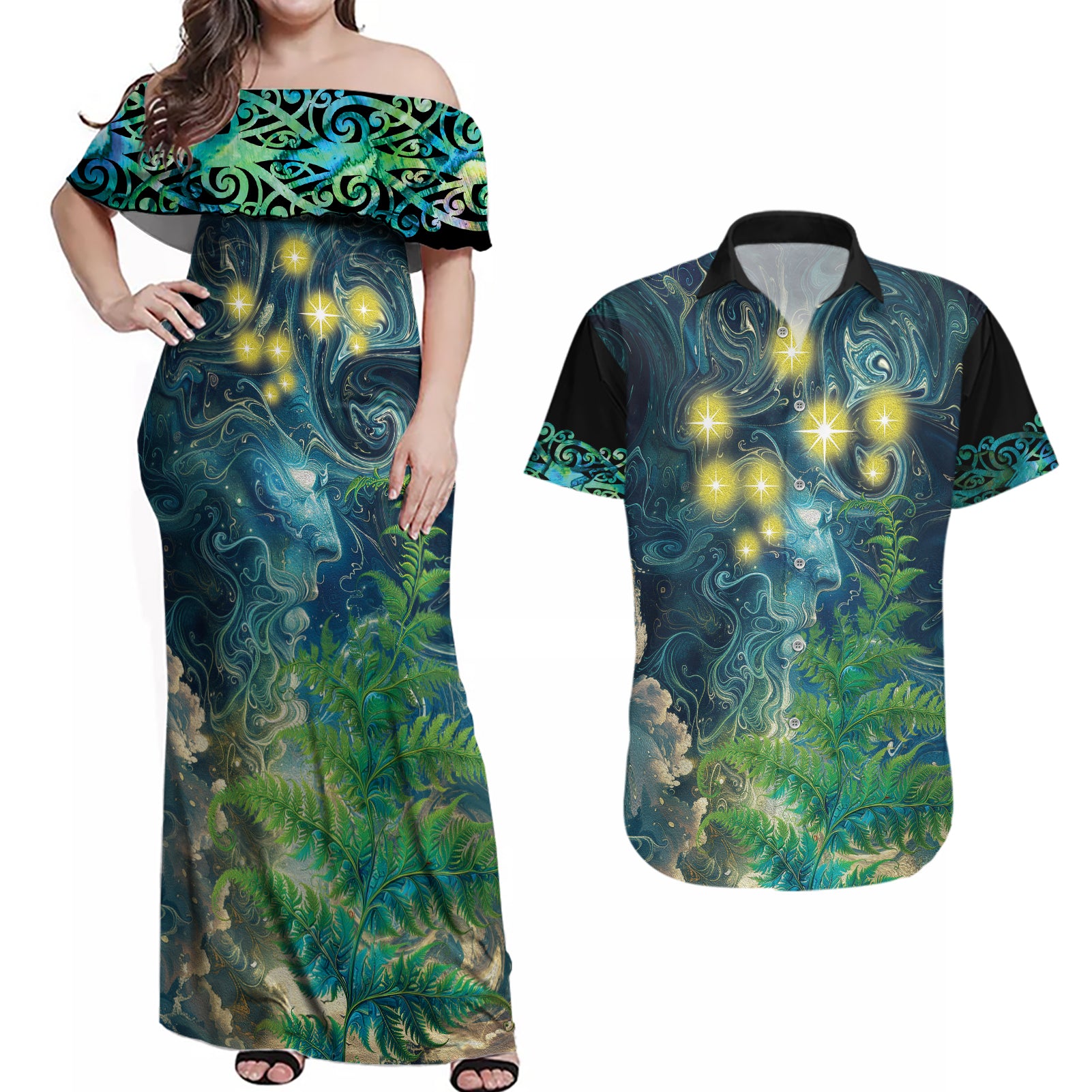 New Zealand Matariki Waipuna-a-rangi Couples Matching Off Shoulder Maxi Dress and Hawaiian Shirt He Roimata o Rangi