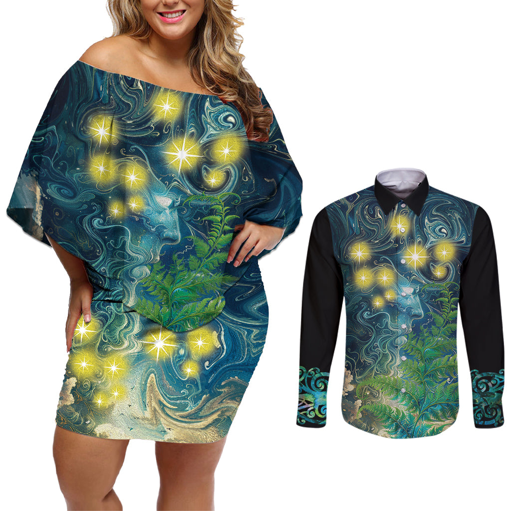 New Zealand Matariki Waipuna-a-rangi Couples Matching Off Shoulder Short Dress and Long Sleeve Button Shirt He Roimata o Rangi