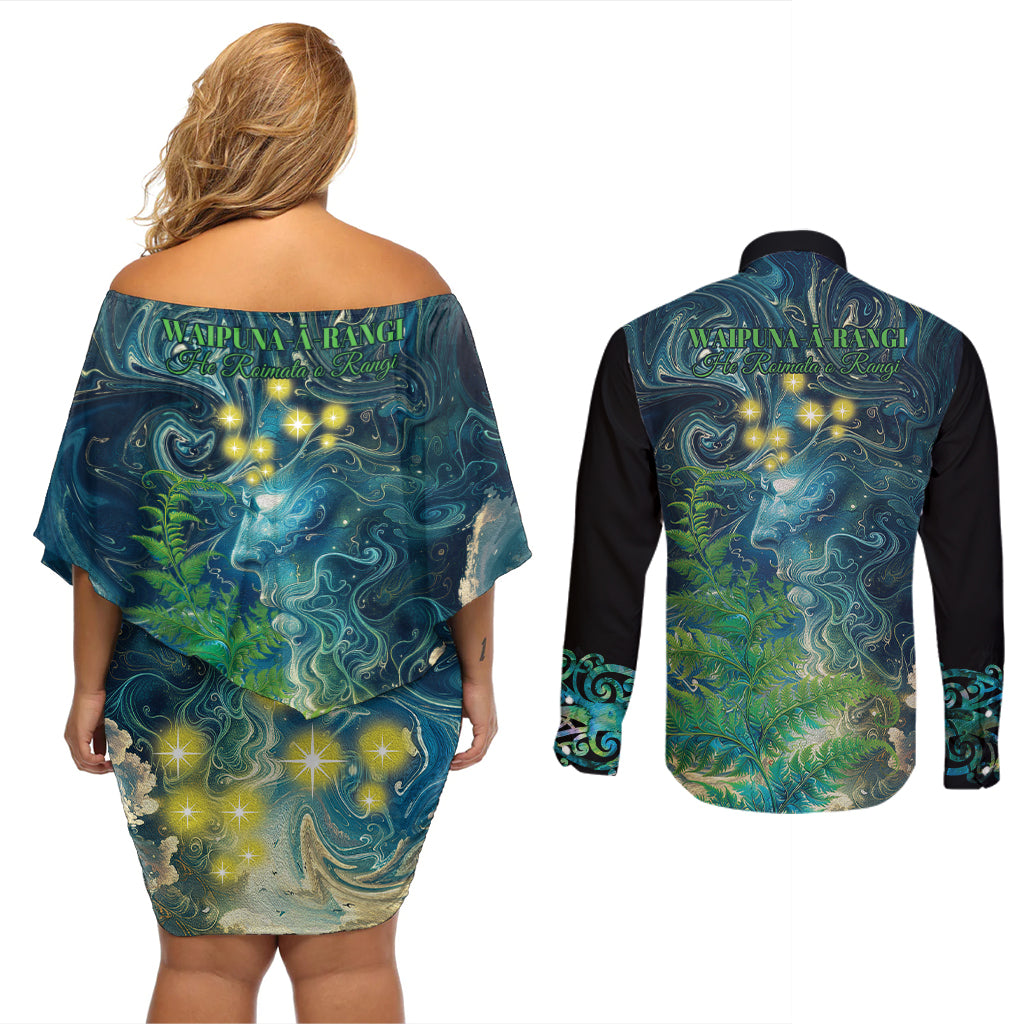 New Zealand Matariki Waipuna-a-rangi Couples Matching Off Shoulder Short Dress and Long Sleeve Button Shirt He Roimata o Rangi