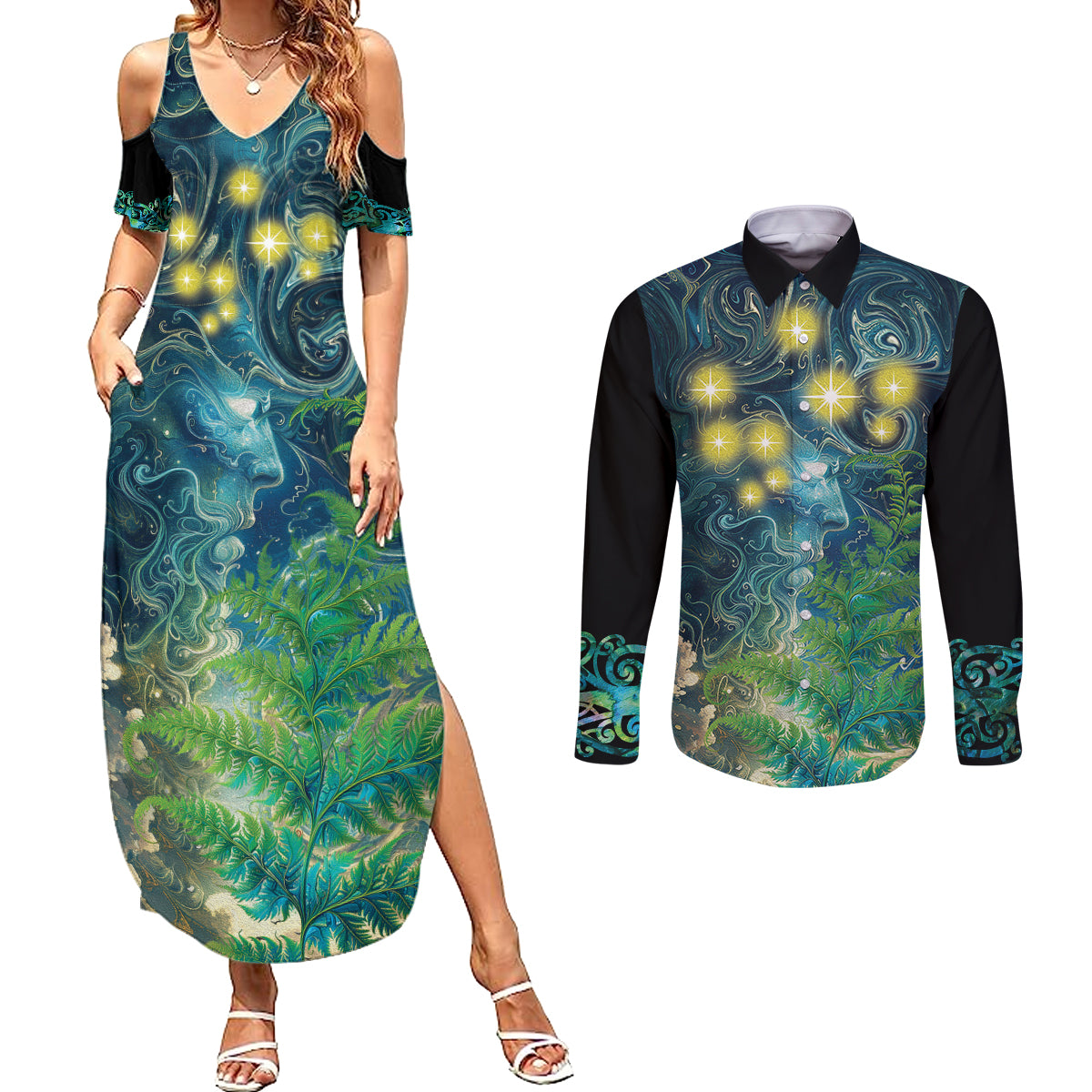 New Zealand Matariki Waipuna-a-rangi Couples Matching Summer Maxi Dress and Long Sleeve Button Shirt He Roimata o Rangi