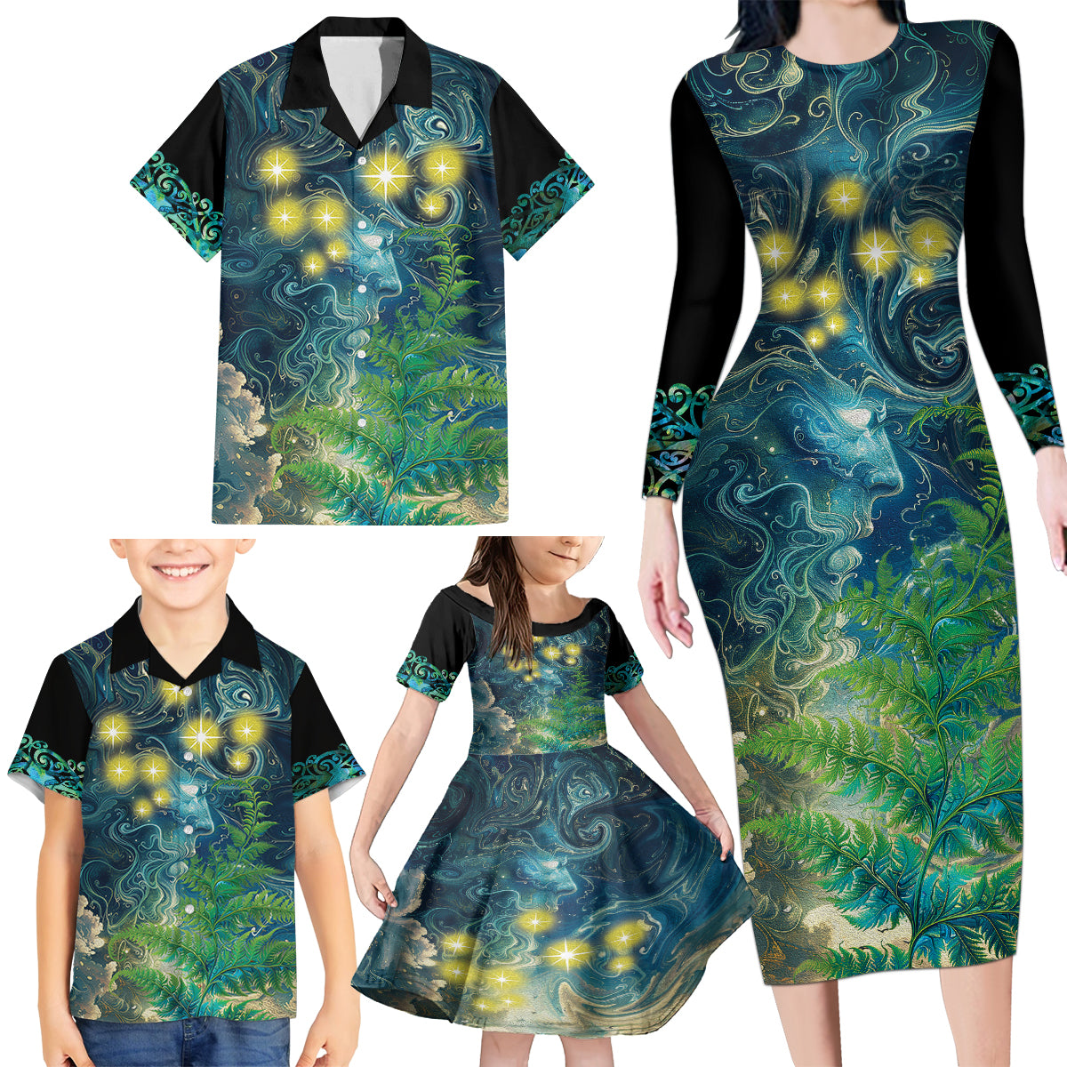 New Zealand Matariki Waipuna-a-rangi Family Matching Long Sleeve Bodycon Dress and Hawaiian Shirt He Roimata o Rangi