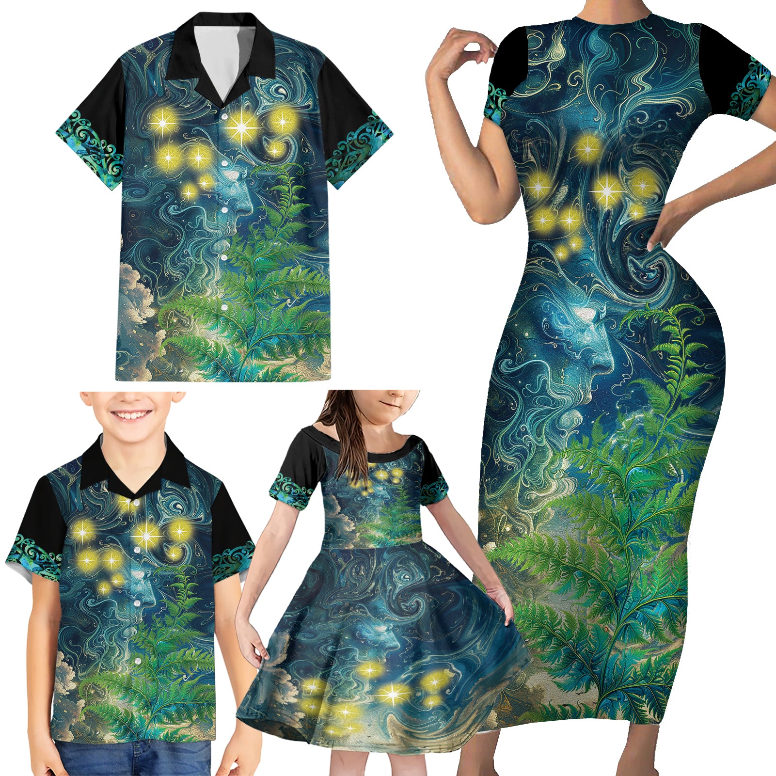 New Zealand Matariki Waipuna-a-rangi Family Matching Short Sleeve Bodycon Dress and Hawaiian Shirt He Roimata o Rangi